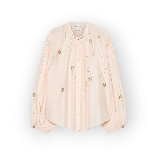 Ygreque Forte Forte Loto voile bohemian shirt with hand-embroidered silver glass floral details and gathered sleeves.