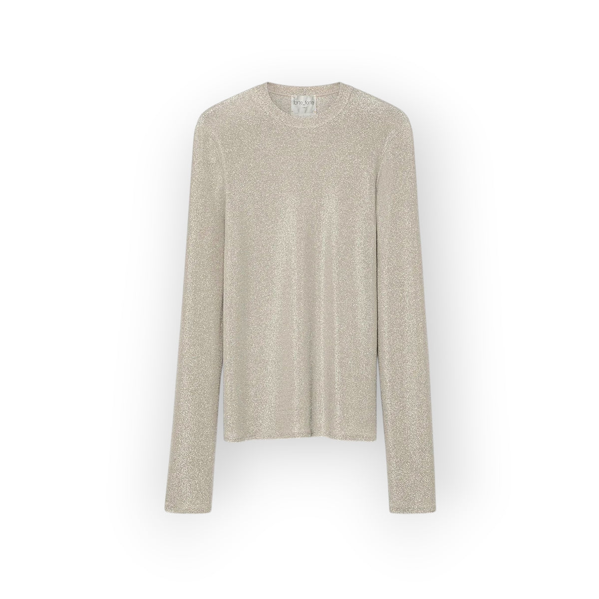 Ygreque Forte Forte Moon lurex jersey long sleeve t-shirt with a round neck in a shimmering metallic silver tone.