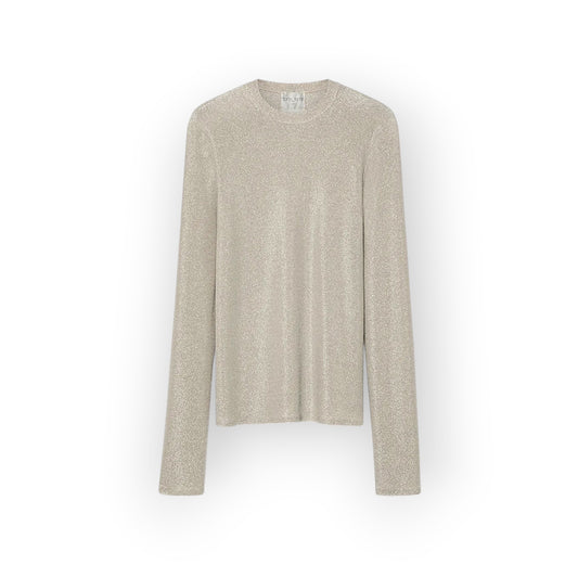 Ygreque Forte Forte Moon lurex jersey long sleeve t-shirt with a round neck in a shimmering metallic silver tone.