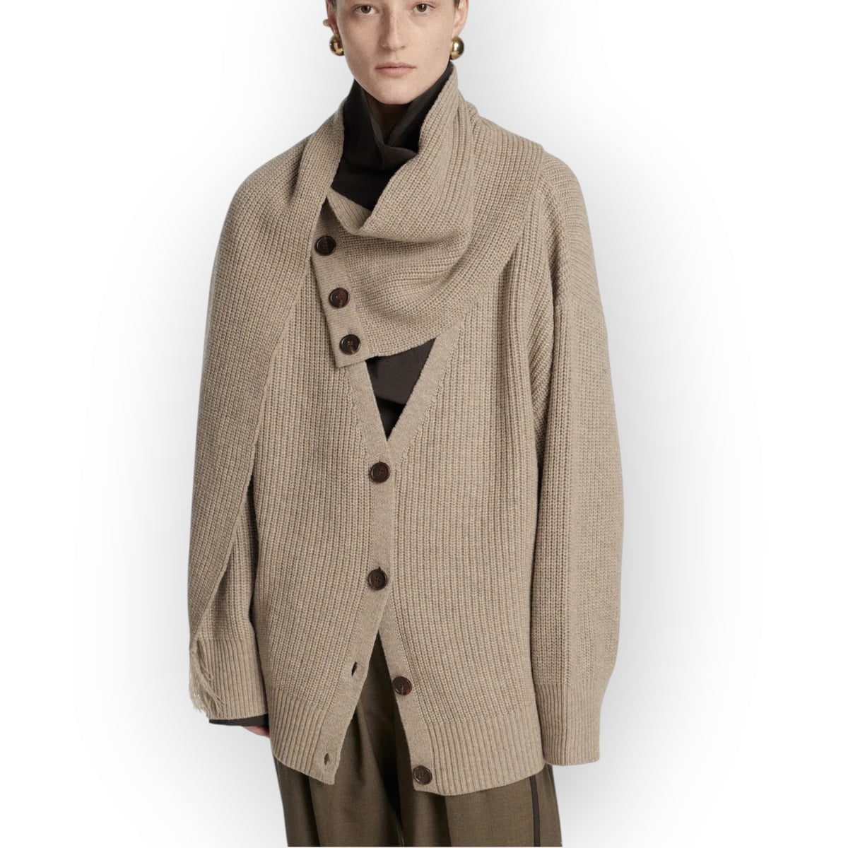 Ygreque Frenken camel cashmere cardigan with shawl collar, asymmetric button closure, and ribbed knit details
