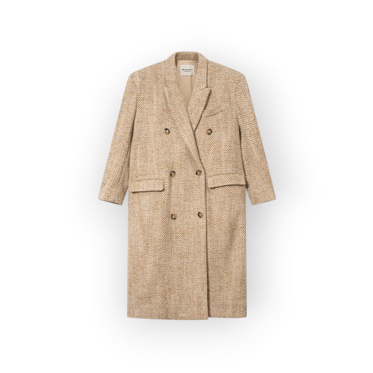 Ygreque Isabel Marant Pilda long beige herringbone wool-blend coat with double-breasted button closure and lapels.