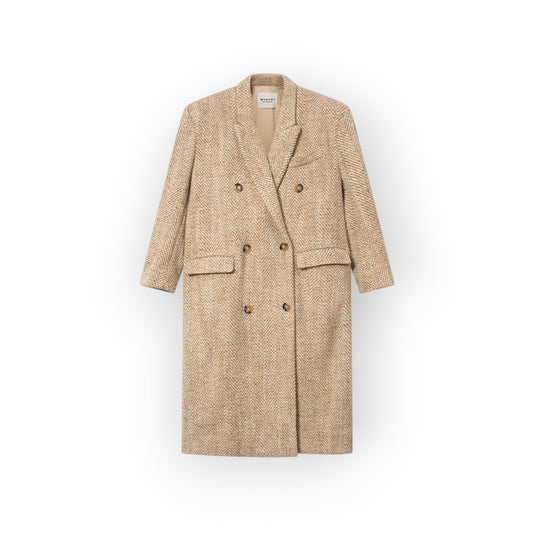 Ygreque Isabel Marant Pilda long beige herringbone wool-blend coat with double-breasted button closure and lapels.