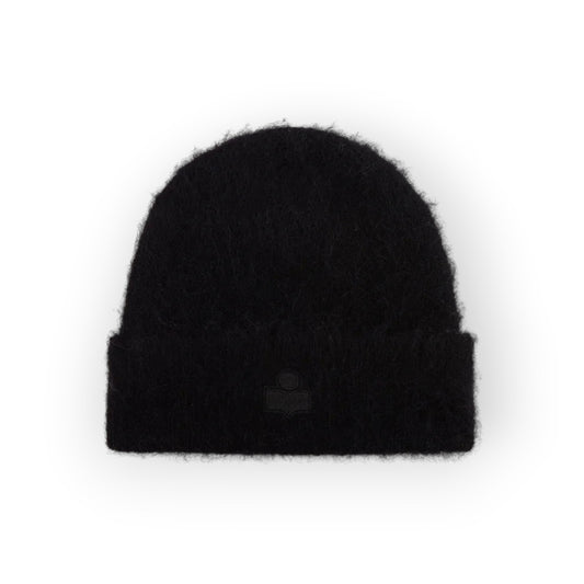 Ygreque Isabel Marant Peeta black baby alpaca knit beanie with ribbed cuff and tonal embroidered IM logo patch