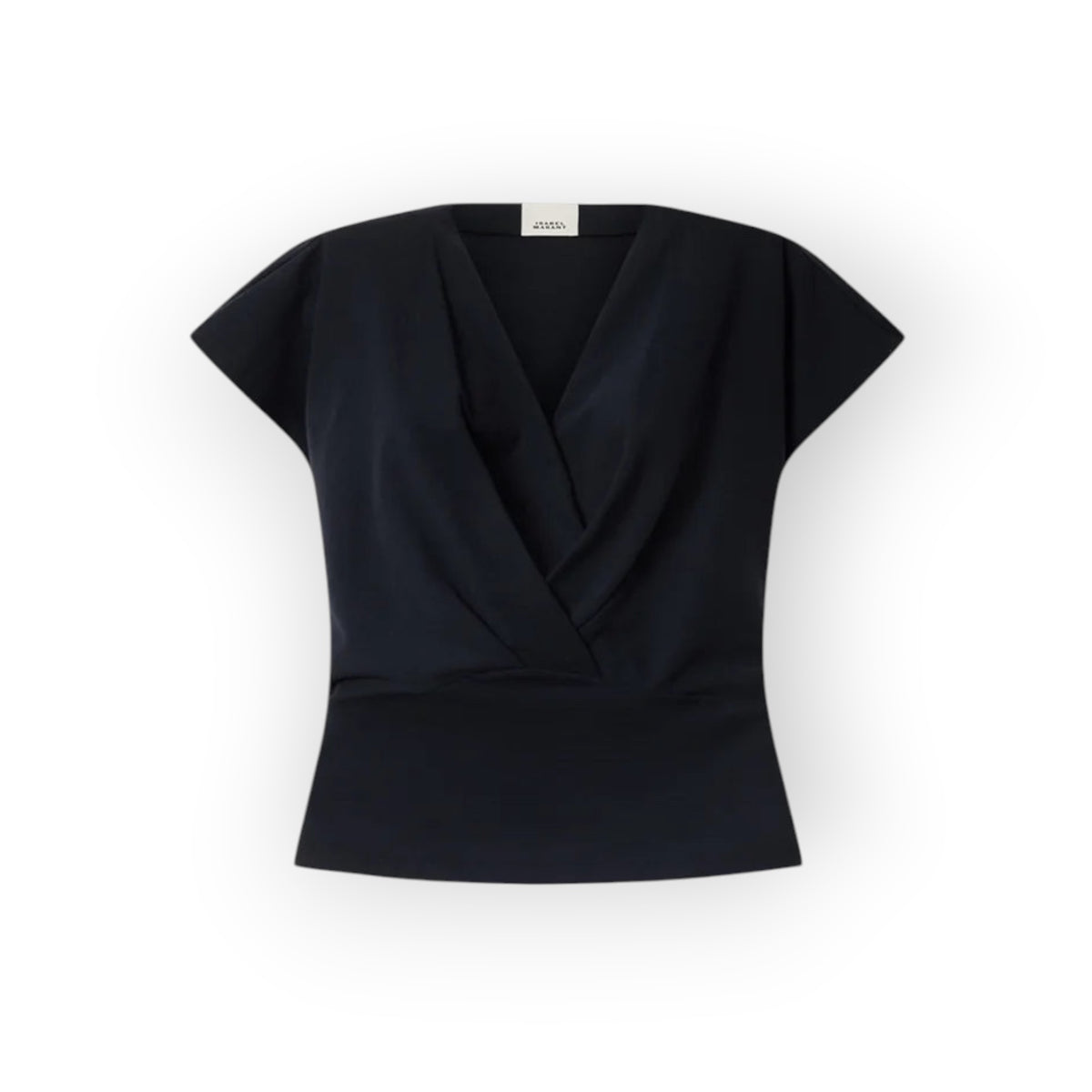 Ygreque Isabel Marant black cotton jersey Nadrine t-shirt with a deep V-neck and draped wrap-front detail.