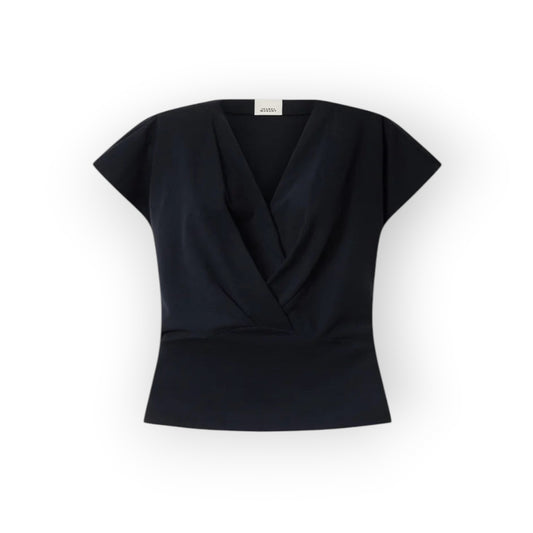 Ygreque Isabel Marant black cotton jersey Nadrine t-shirt with a deep V-neck and draped wrap-front detail.