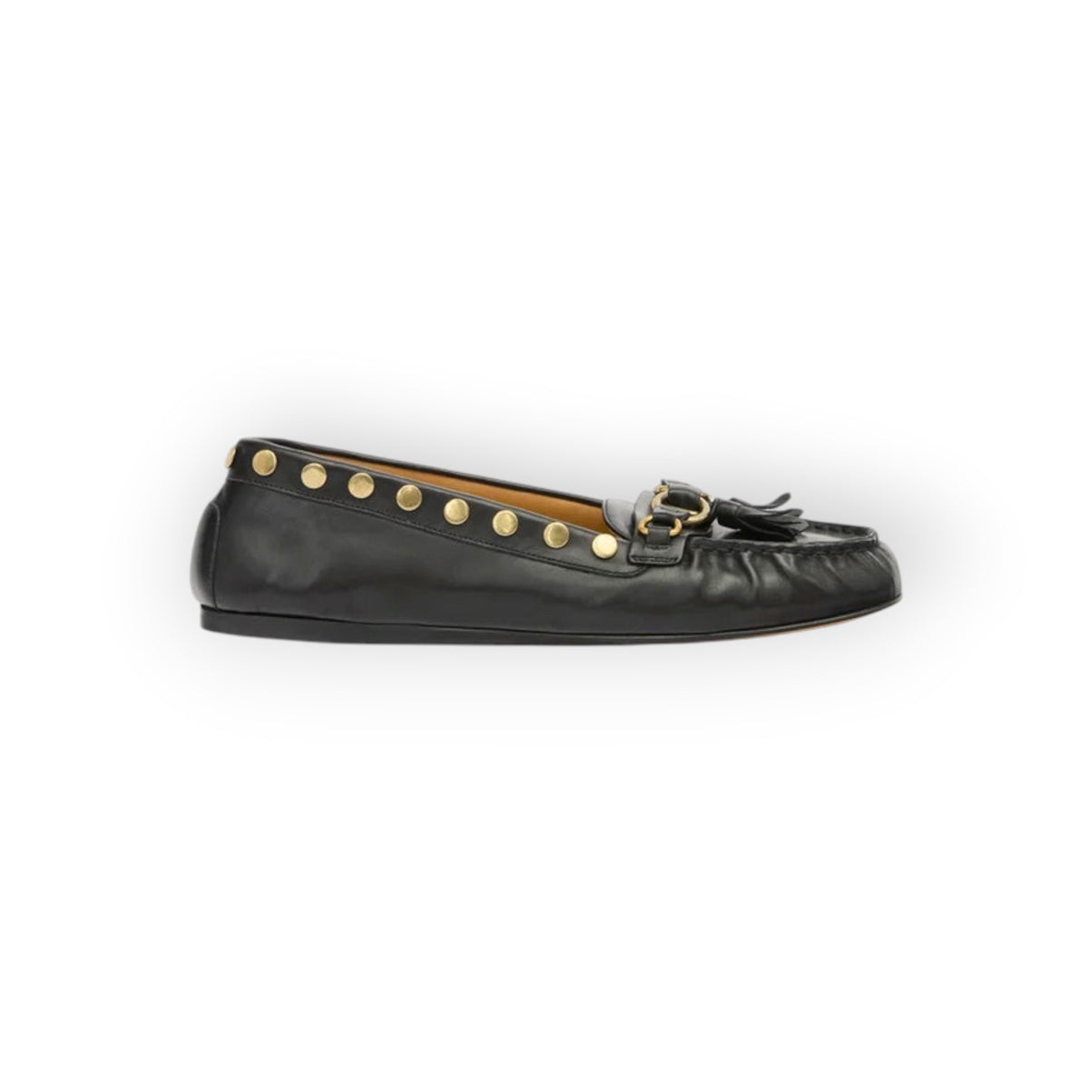 Ygreque Isabel Marant Faxel black calf leather loafers with gold-tone metal rings, tassels, and side stud detailing.