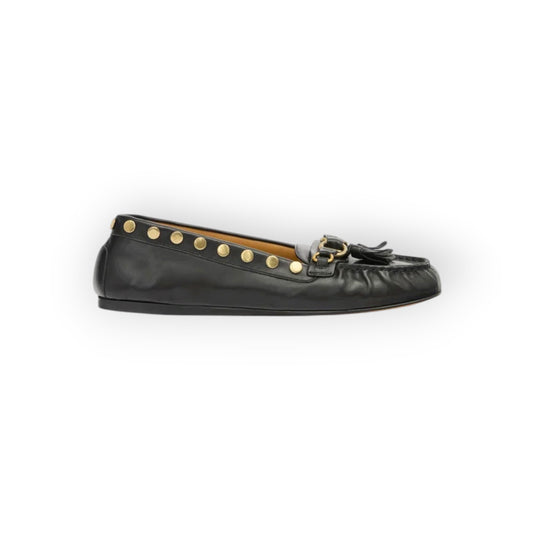 Ygreque Isabel Marant Faxel black calf leather loafers with gold-tone metal rings, tassels, and side stud detailing.