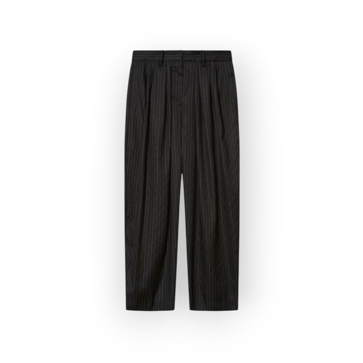 Ygreque Isabel Marant Janice black carrot trousers in wool blend with subtle pinstripes and front pleats.