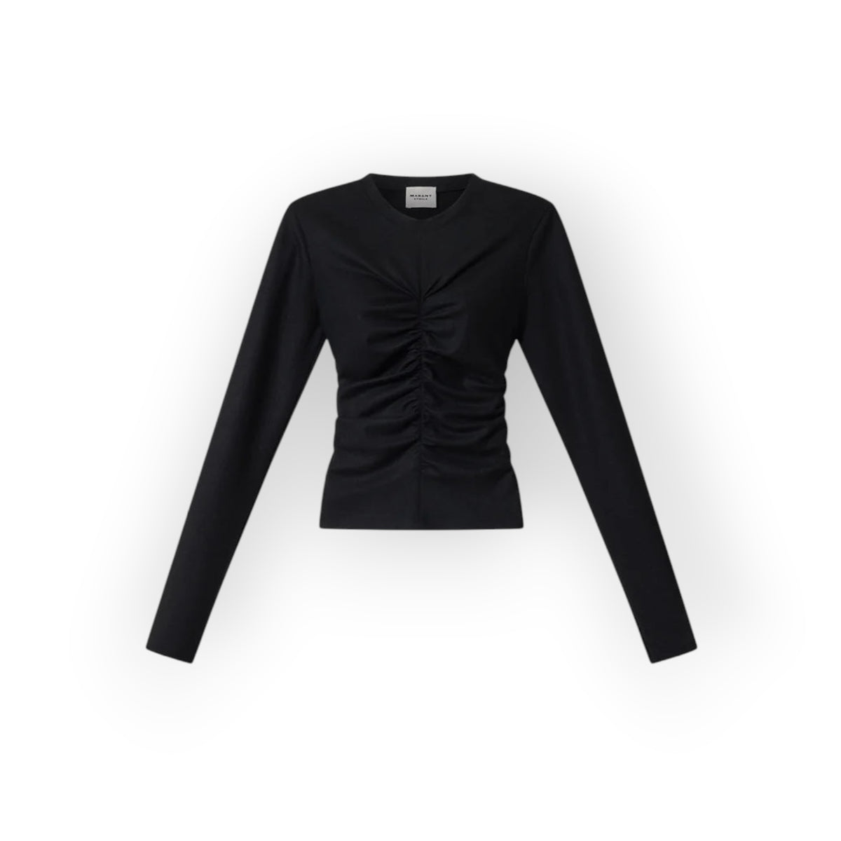Ygreque Isabel Marant Delesa black long-sleeve top in flannel jersey with front and back ruching details