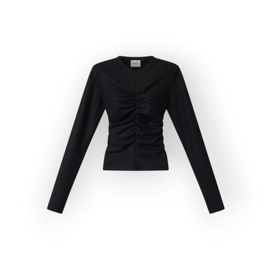Ygreque Isabel Marant Delesa black long-sleeve top in flannel jersey with front and back ruching details