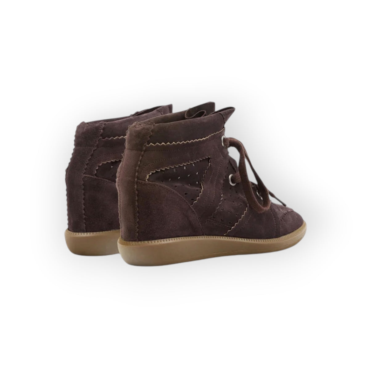 Ygreque Isabel Marant Bobby wedge sneakers in chocolate brown suede with perforated details and serrated edges.