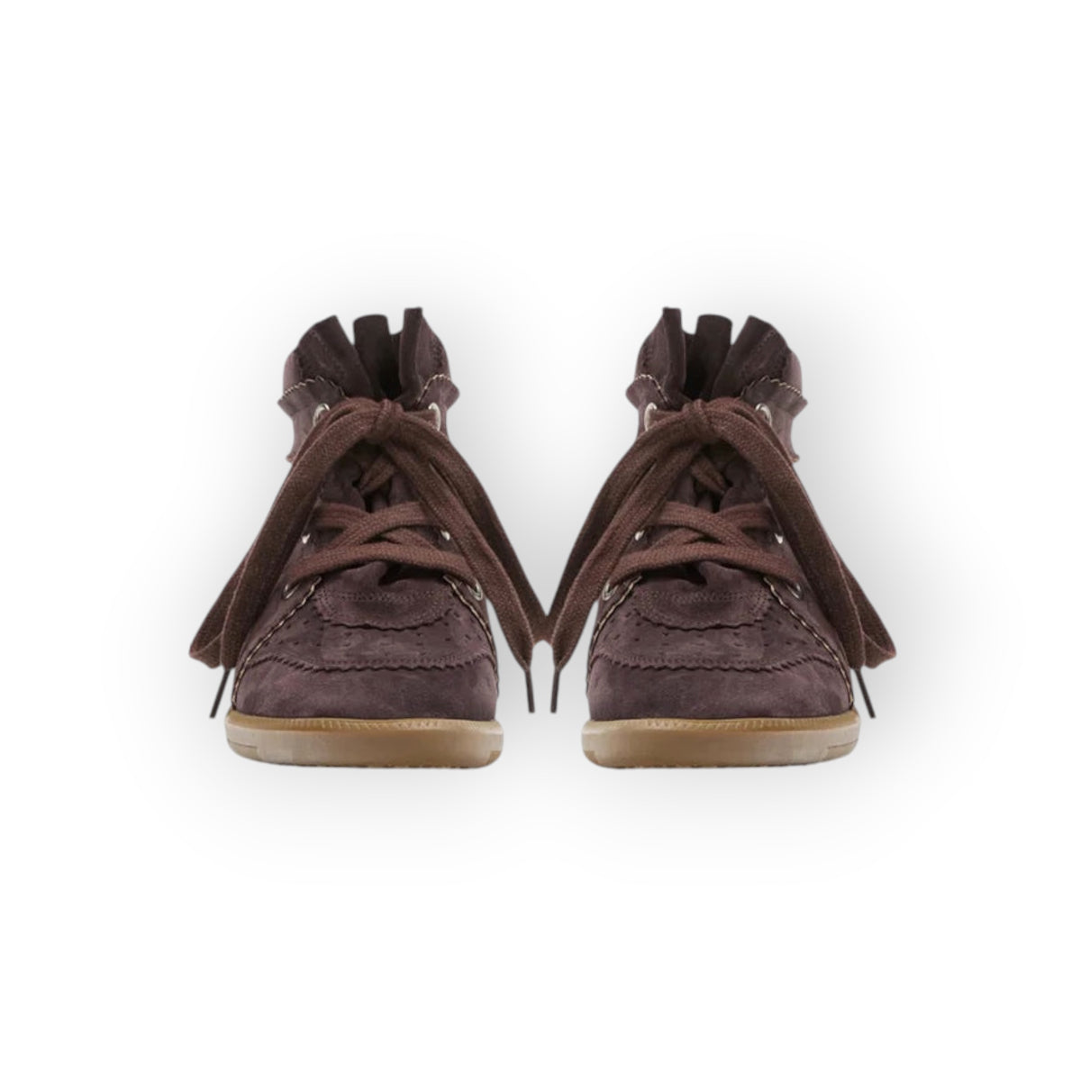 Ygreque Isabel Marant Bobby chocolate brown suede wedge sneakers with lace-up closure and scalloped trim.