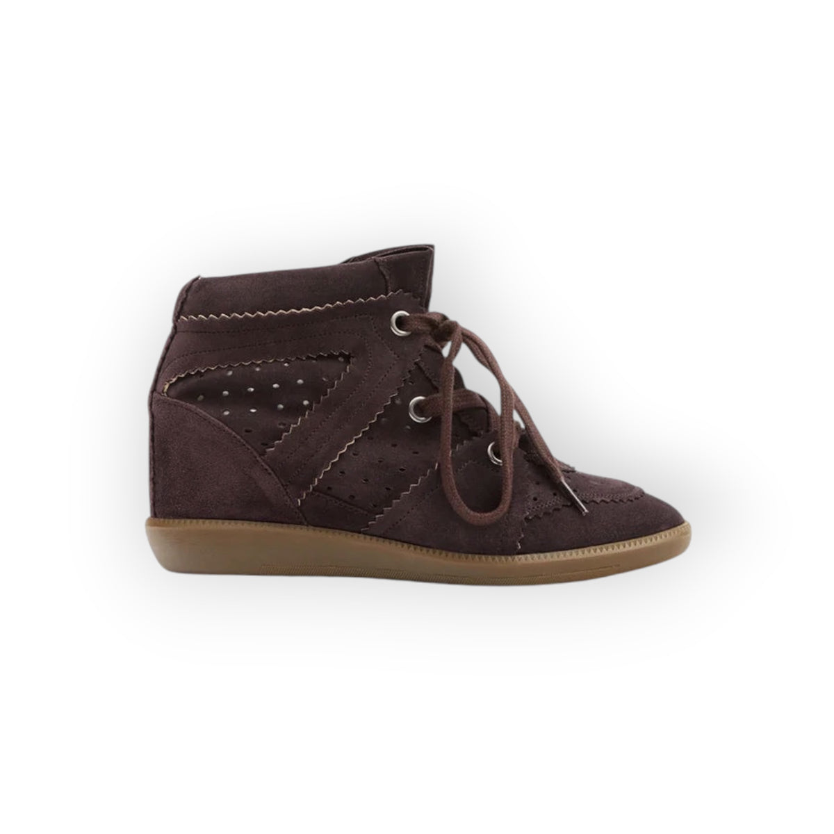 Ygreque Isabel Marant Bobby wedge sneakers in chocolate brown suede with perforated details and scalloped edges.