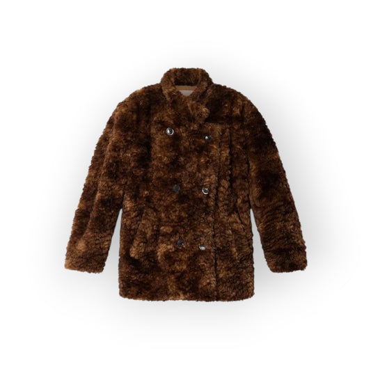 Ygreque Isabel Marant Jya brown faux fur double-breasted coat with tailored collar and satin lining.