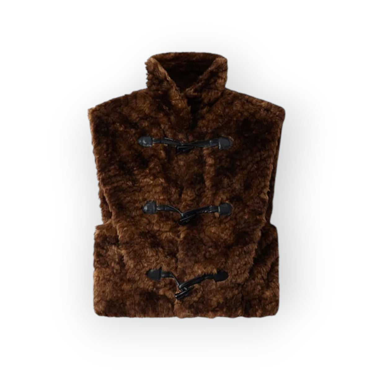 Ygreque Isabel Marant Jocya brown faux fur gilet with a stand collar and leather toggle closures.