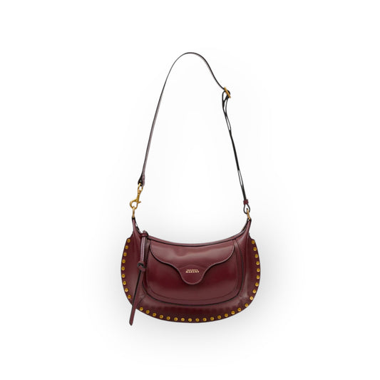 Ygreque Isabel Marant Oskan Moon Pocket bag in burgundy smooth calf leather with gold studs and adjustable strap.