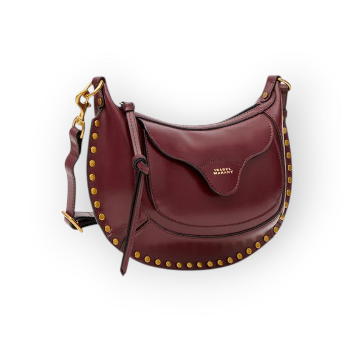 Ygreque Isabel Marant Oskan Moon Pocket bag in burgundy smooth calf leather with gold stud trim and embossed logo.