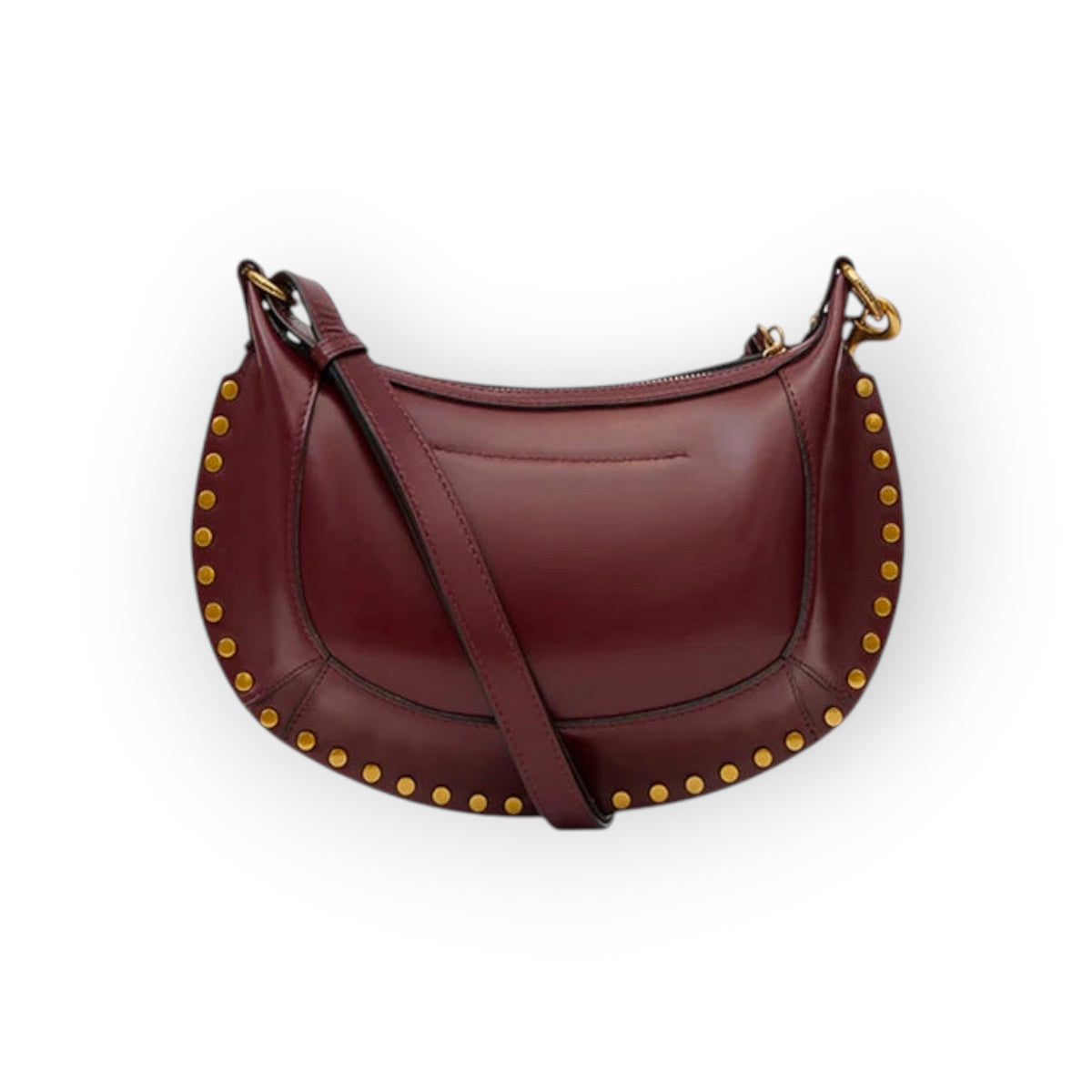 Ygreque Isabel Marant Oskan Moon Pocket bag in burgundy smooth calf leather with gold-tone studs and shoulder strap.