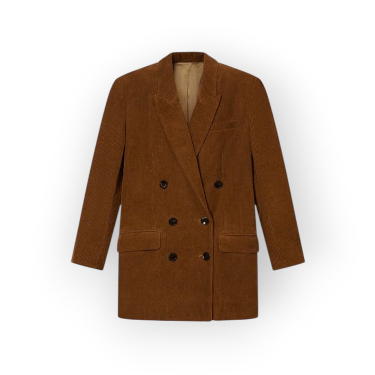 Ygreque Isabel Marant Rasma caramel double-breasted corduroy blazer with pointed lapels and flap pockets.