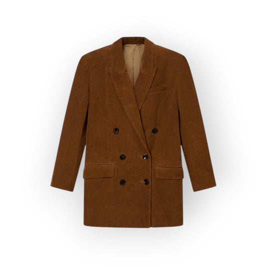 Ygreque Isabel Marant Rasma caramel double-breasted corduroy blazer with pointed lapels and flap pockets.