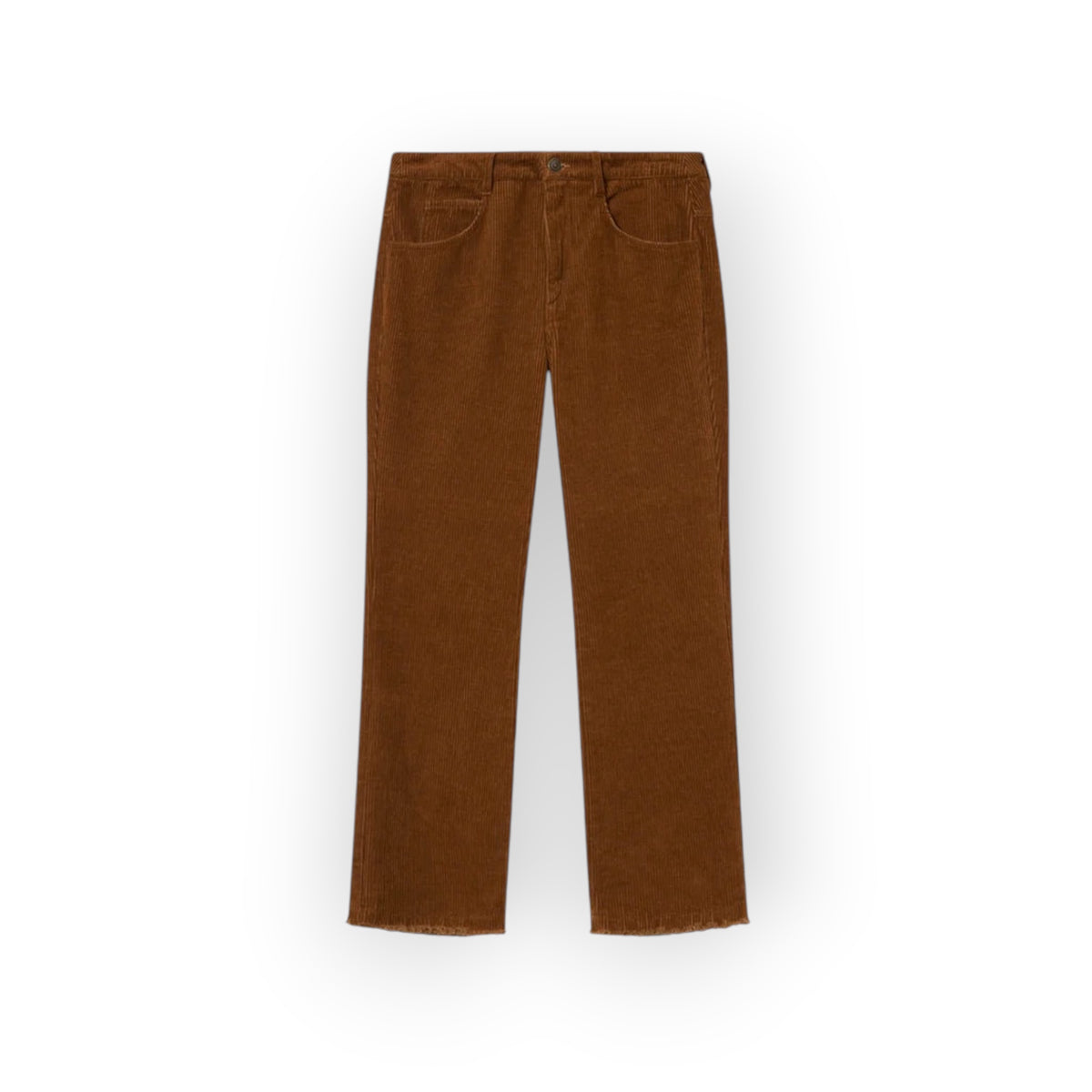 Ygreque Isabel Marant Ruthie caramel corduroy trousers with a straight 7/8 cut and frayed hem detail.