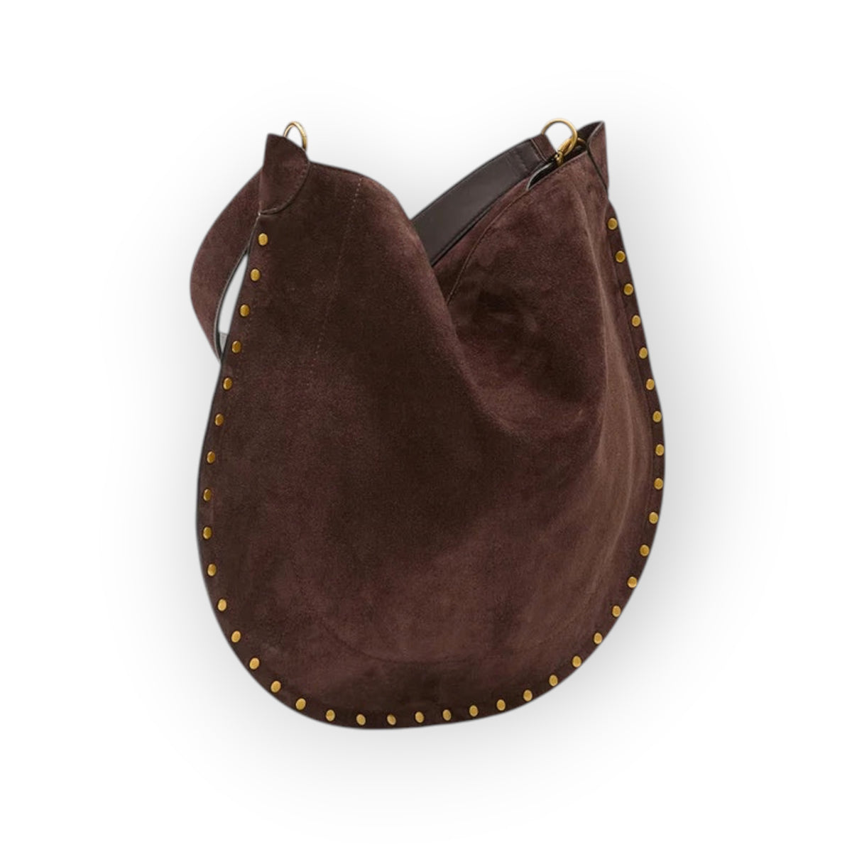 Ygreque Isabel Marant Oskan Hobo bag in coffee brown suede with gold-tone flat rivet studs and shoulder strap.