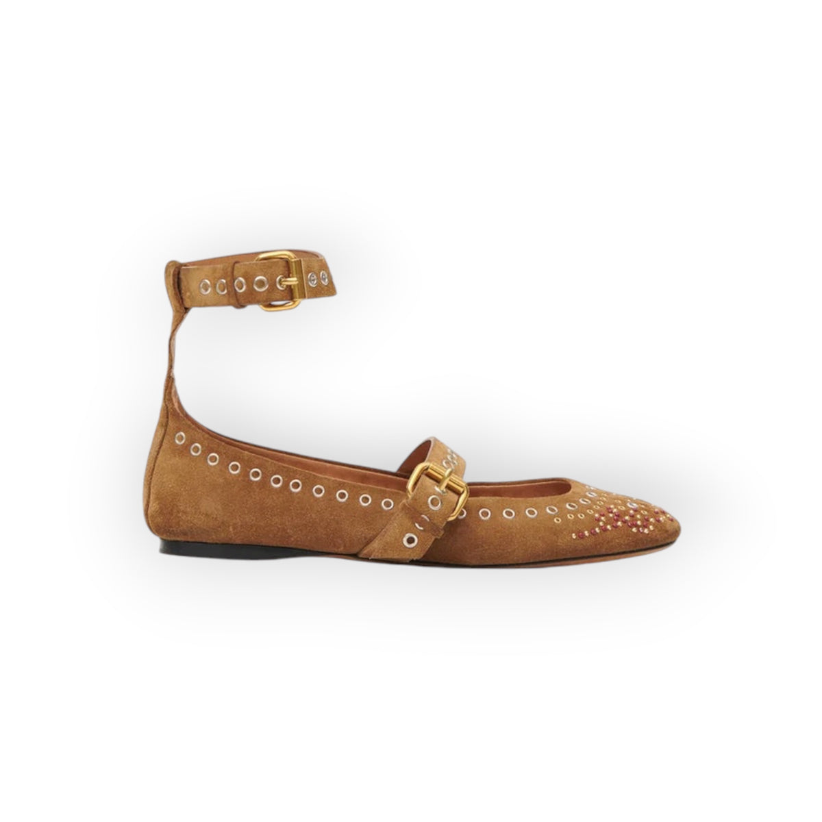 Ygreque Isabel Marant Ylza cognac suede ballet flats with gold, silver, and red metal studs and double buckled straps.