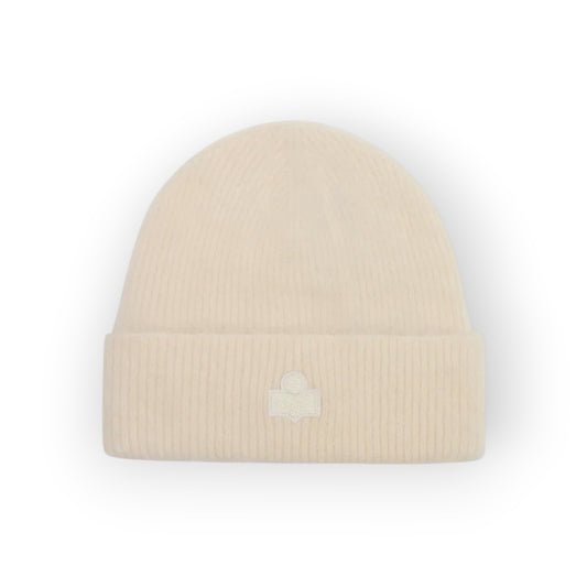 Ygreque Isabel Marant Peeta ecru baby alpaca beanie with ribbed cuff and tonal embroidered IM logo patch