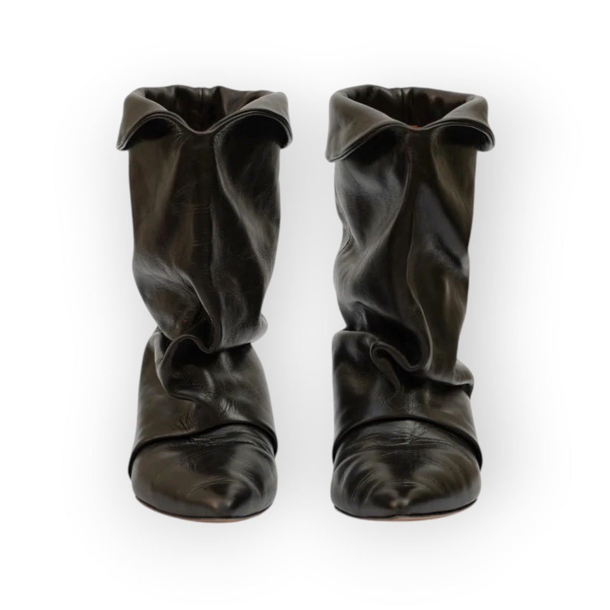 Ygreque Isabel Marant Edrik black calfskin leather boots with a pointed toe and draped slouchy gaiter-style shaft.
