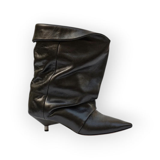 Ygreque Isabel Marant Edrik black calfskin leather boots with a pointed toe, draped gaiter shaft, and kitten heel.