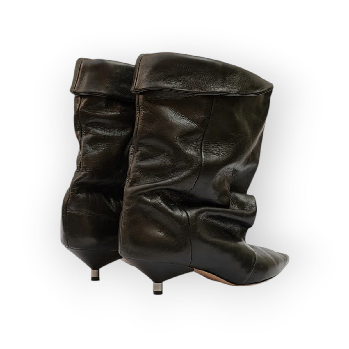 Ygreque Isabel Marant Edrik black calfskin leather boots with draped gaiter-effect shaft and pointed kitten heel