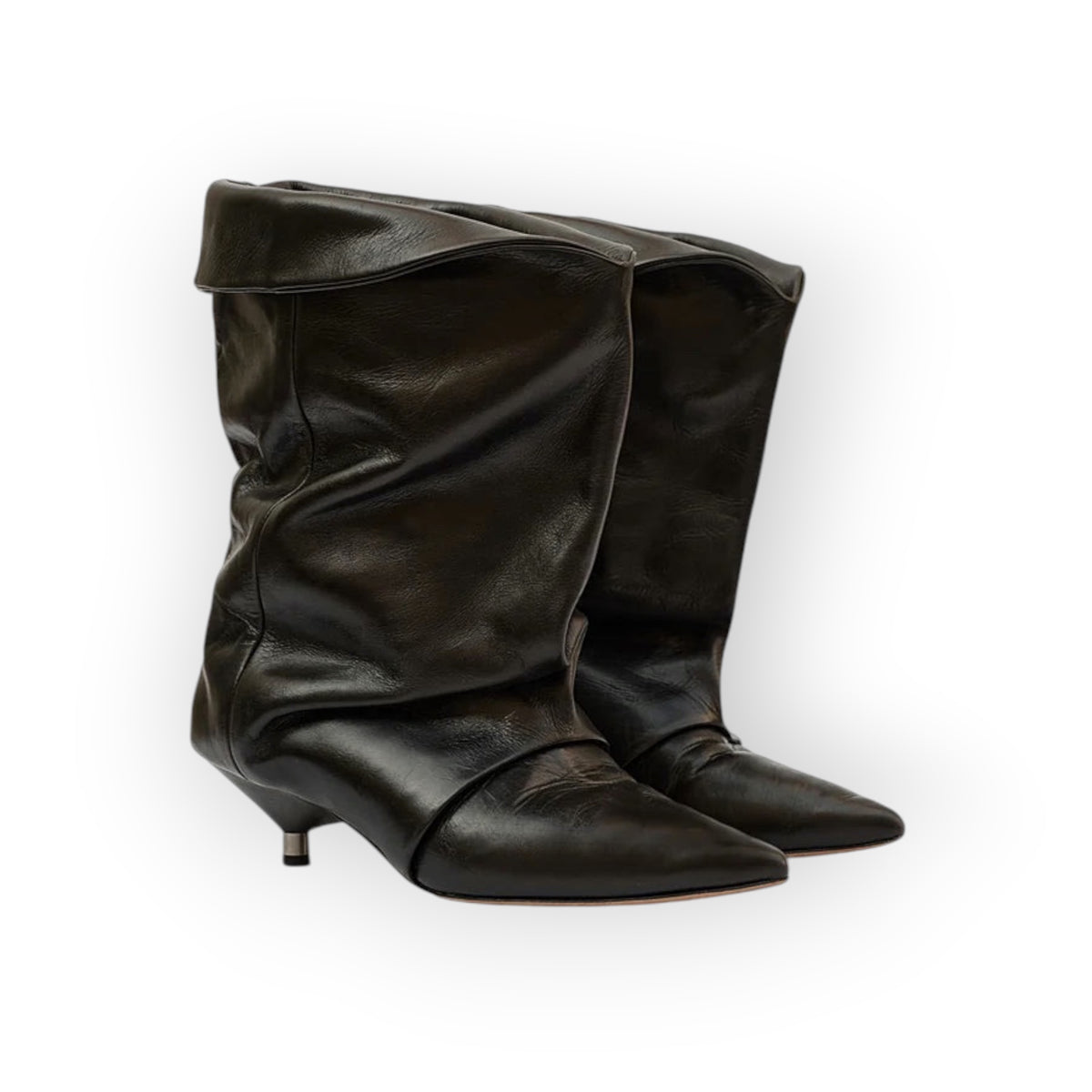 Ygreque Isabel Marant Edrik black calfskin leather boots with a pointed toe, draped gaiter-style shaft, and kitten heel.