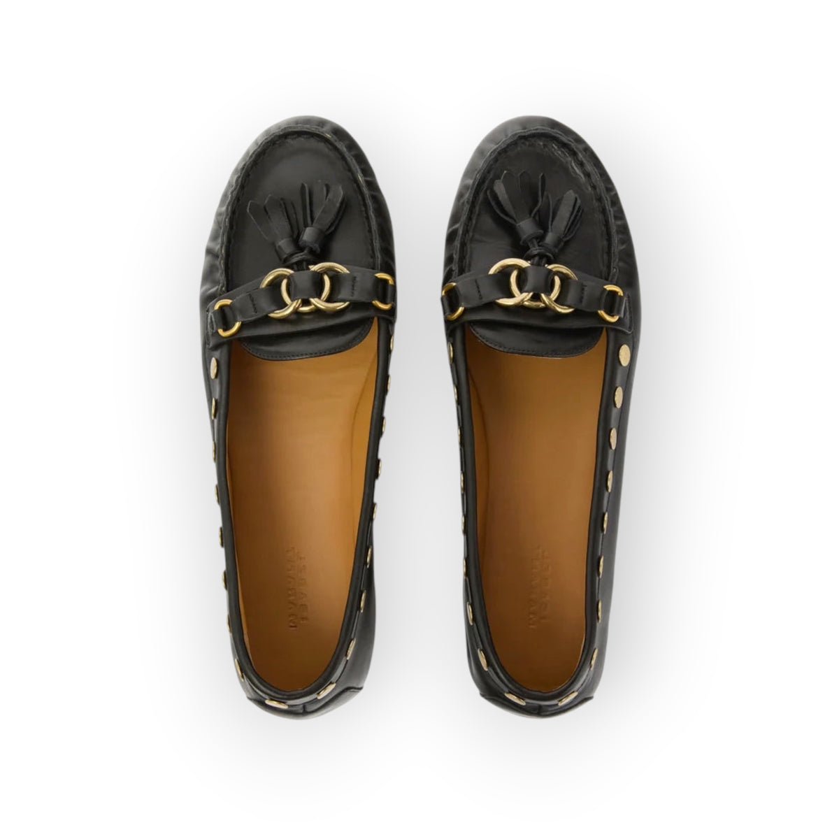Ygreque Isabel Marant Faxel black leather loafers with gold rings, tassels, and round toe, top view.