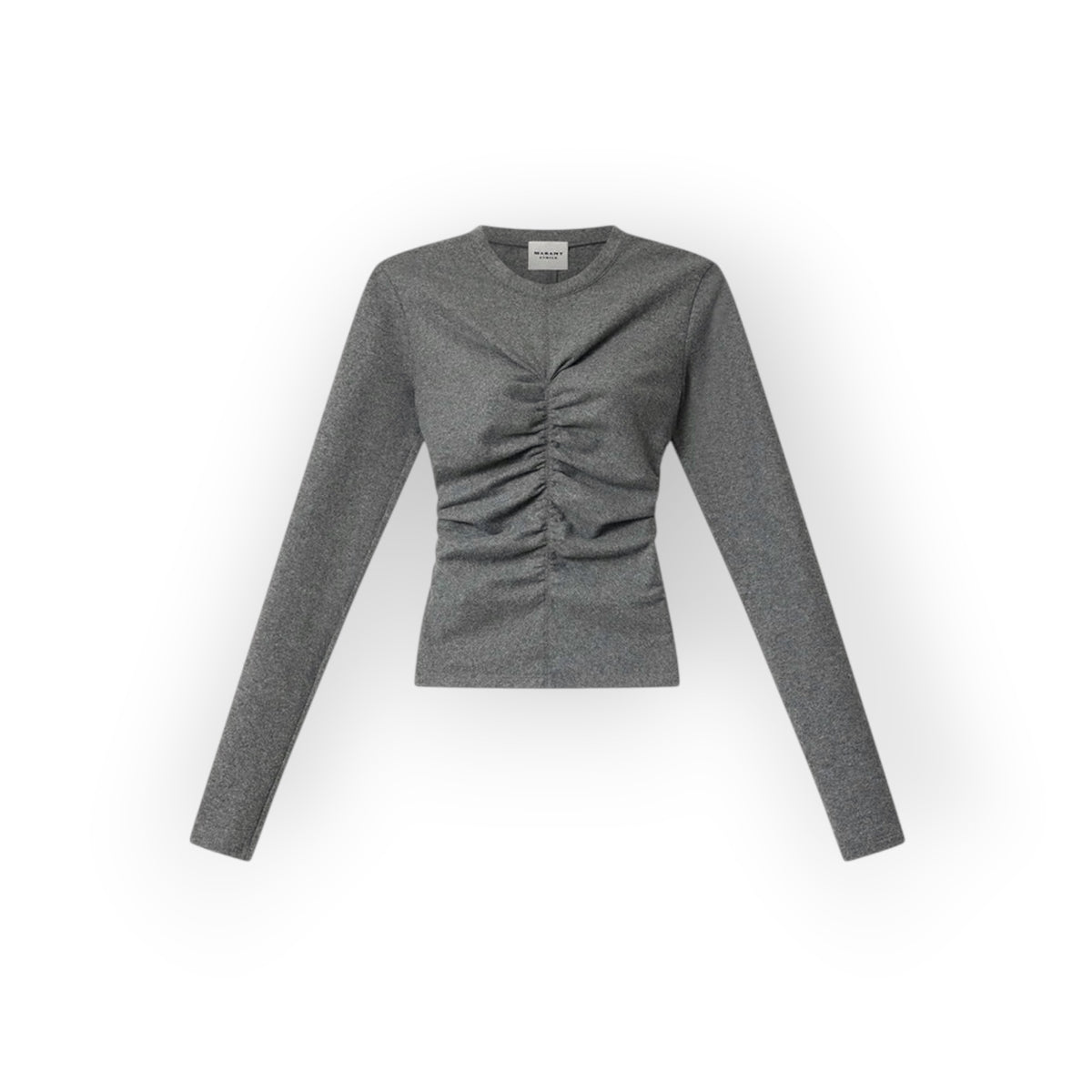 Ygreque Isabel Marant Delesa grey long-sleeve flannel jersey top with front ruching and a round neckline.