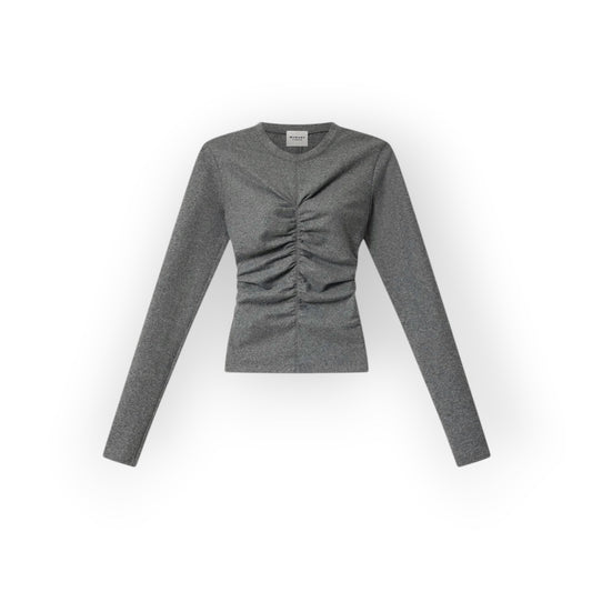 Ygreque Isabel Marant Delesa grey long-sleeve flannel jersey top with front ruching and a round neckline.