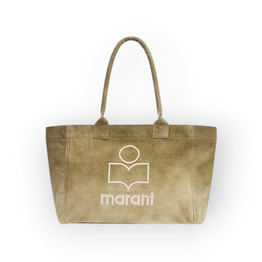 Ygreque Isabel Marant khaki washed cotton Yenky tote bag with white embroidered logo and zip closure