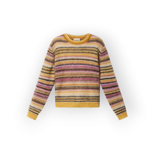 Ygreque Isabel Marant Morine mustard mohair sweater with multicoloured horizontal stripes and ribbed trim