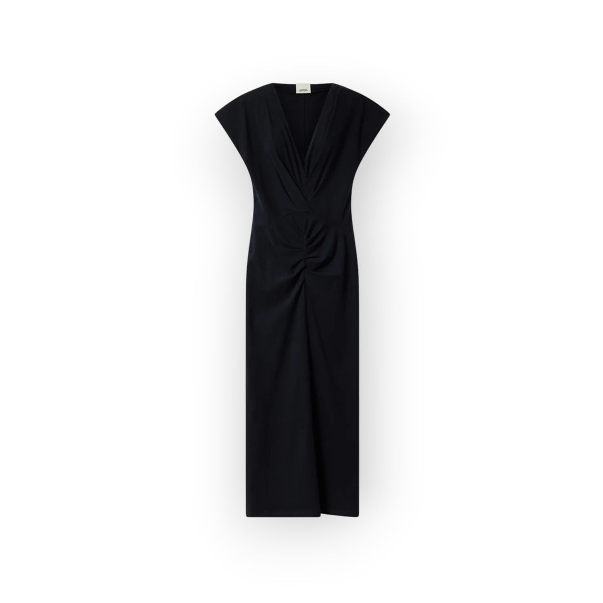 Ygreque Isabel Marant Nadra black long pleated cotton jersey dress with draped V-neck and structured shoulders