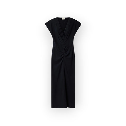 Ygreque Isabel Marant Nadra black long pleated cotton jersey dress with draped V-neck and structured shoulders