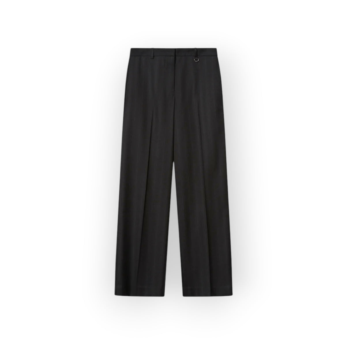Ygreque Isabel Marant Noanda anthracite virgin wool trousers with wide tapered leg, pleats, and silver half-moon buckle.