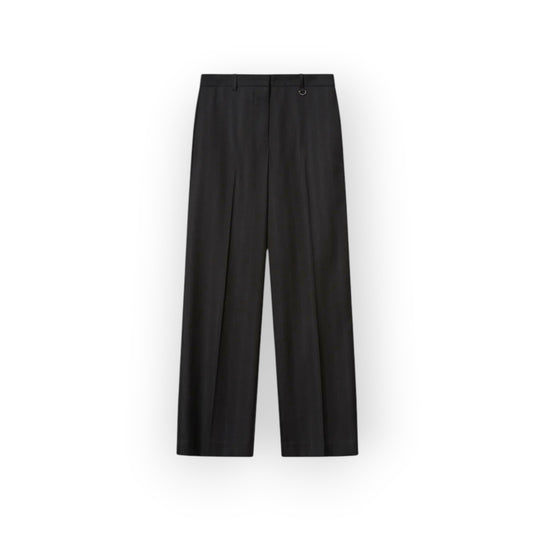 Ygreque Isabel Marant Noanda anthracite virgin wool trousers with wide tapered leg, pleats, and silver half-moon buckle.