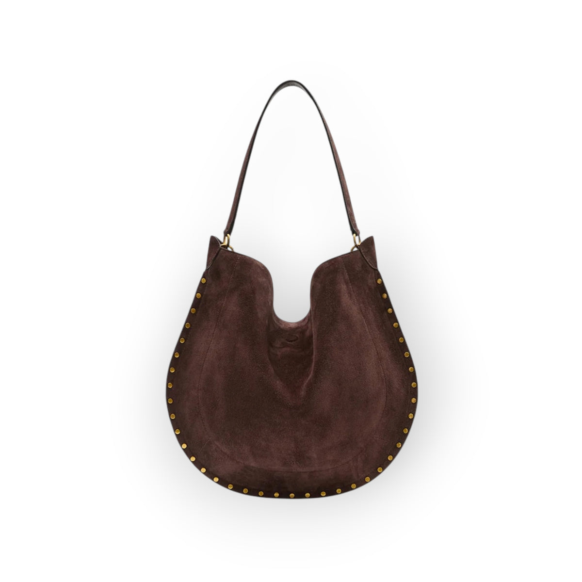 Ygreque Isabel Marant Oskan Hobo bag in coffee brown suede with gold-tone rivet detailing and shoulder strap.