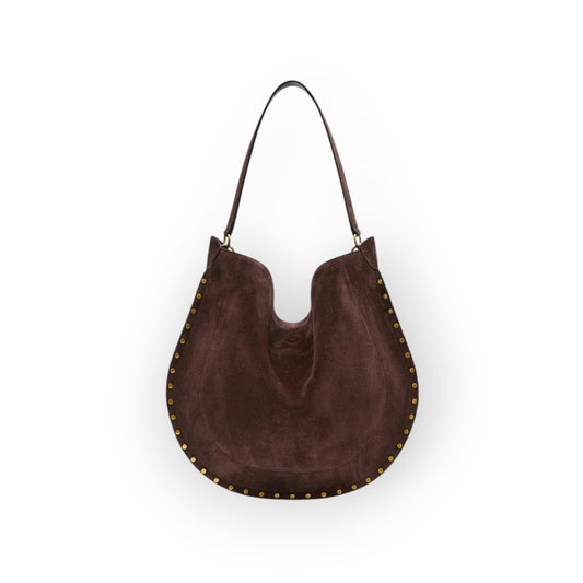 Ygreque Isabel Marant Oskan Hobo bag in coffee brown suede with gold-tone rivet detailing and shoulder strap.