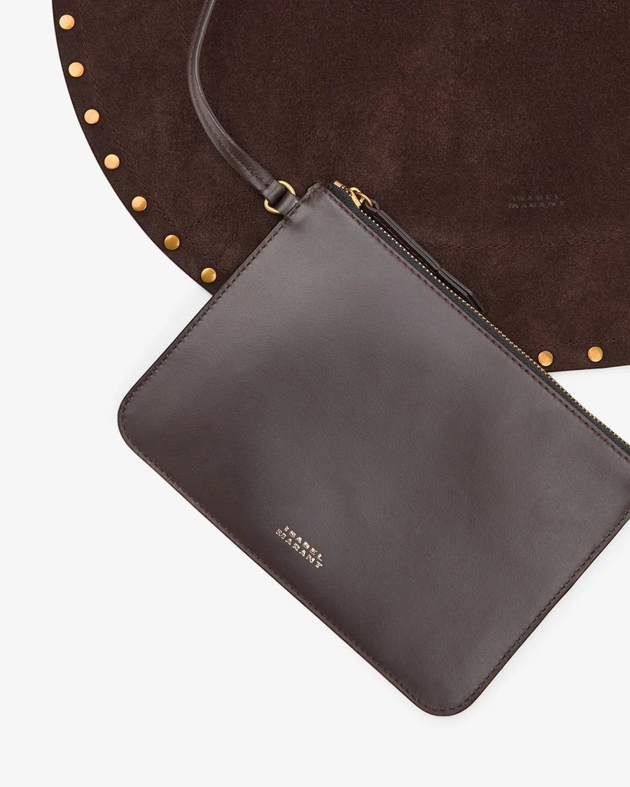 Ygreque Isabel Marant Oskan Hobo bag in coffee suede with gold rivets and a removable smooth leather zip pouch.