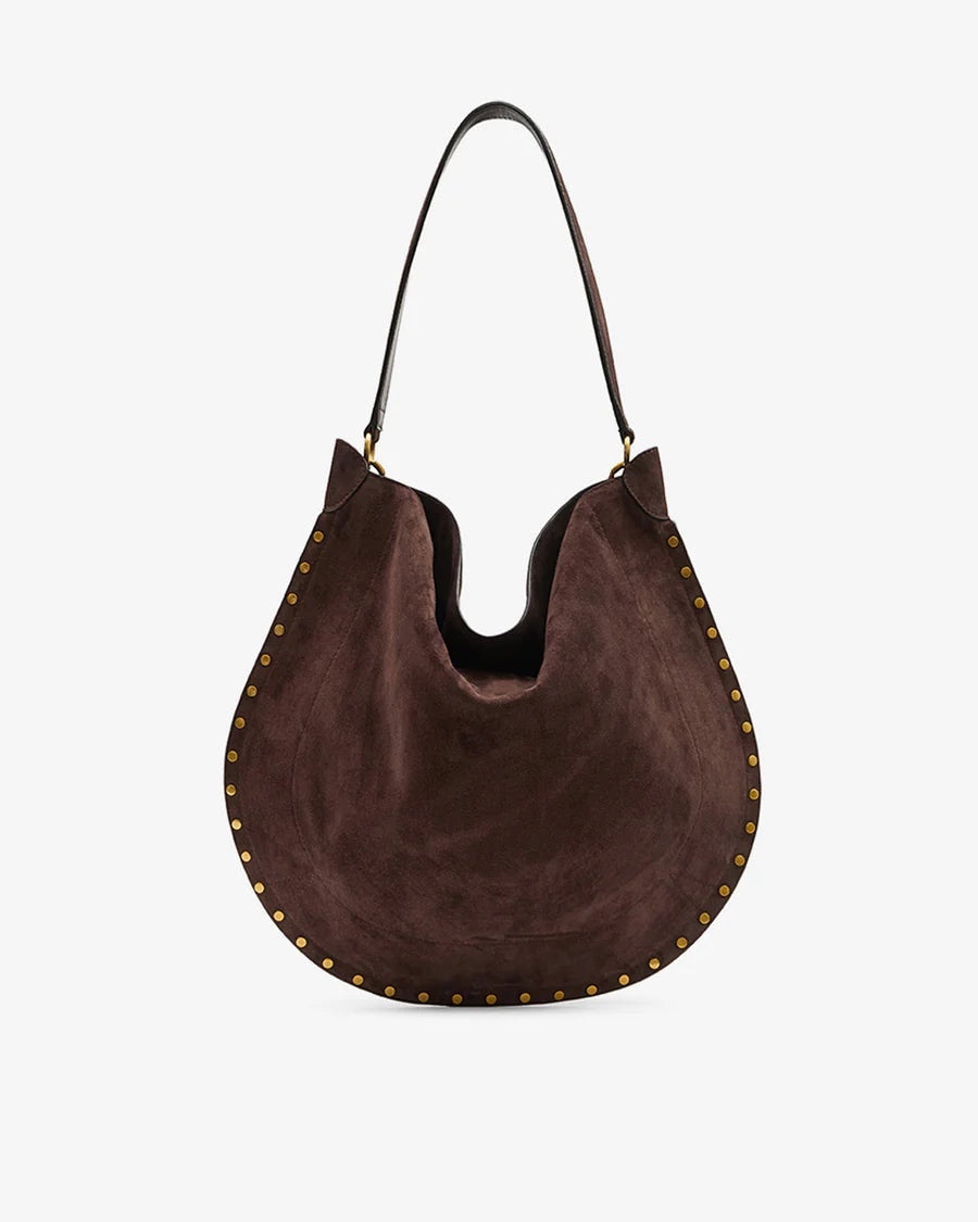 Ygreque Isabel Marant Oskan Hobo bag in coffee brown suede with gold-tone rivet studs and a shoulder strap.