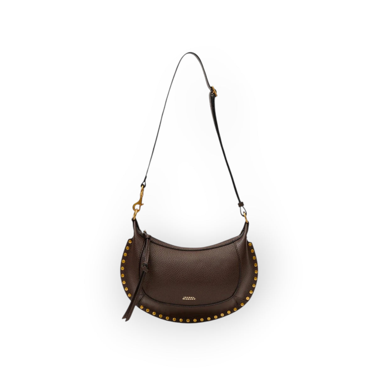 Ygreque Isabel Marant Oskan Moon coffee brown grained leather shoulder bag with gold studs and adjustable strap.