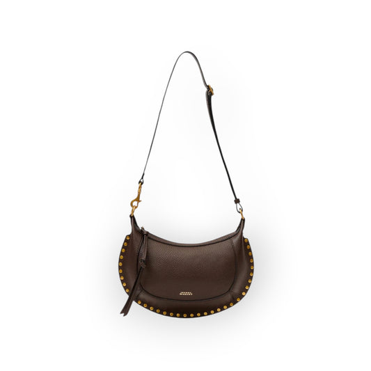 Ygreque Isabel Marant Oskan Moon coffee brown grained leather shoulder bag with gold studs and adjustable strap.