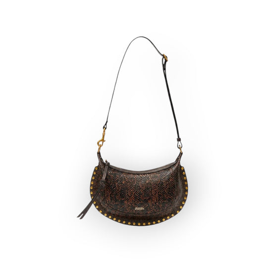 Ygreque Isabel Marant Oskan Moon mocha calfskin shoulder bag with python effect, gold studs, and adjustable strap.