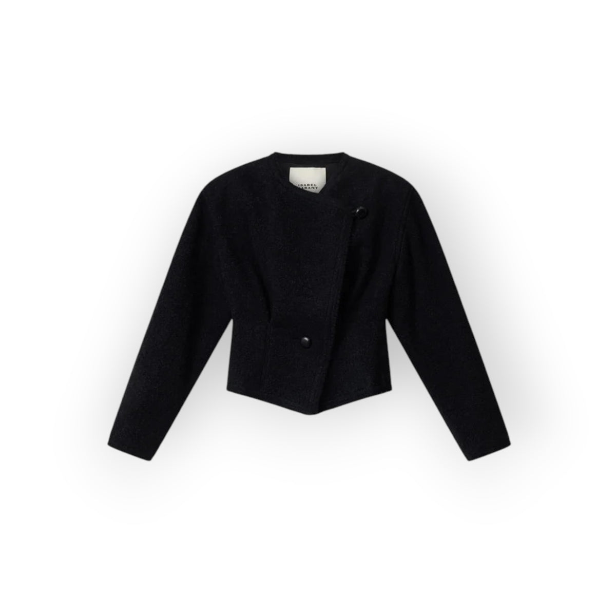 Ygreque Isabel Marant Suna black bouclé wool jacket with asymmetric neckline, structured shoulders, and leather buttons.