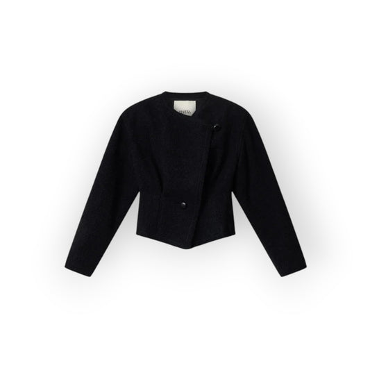 Ygreque Isabel Marant Suna black bouclé wool jacket with asymmetric neckline, structured shoulders, and leather buttons.